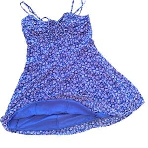 Aeropostale Blue and Pink Floral‎ Sweetheart Cinched-Tie Mini Dress Womens S